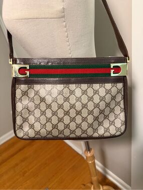 Gucci Brown GG Canvas Crossbody with Green and Red Web